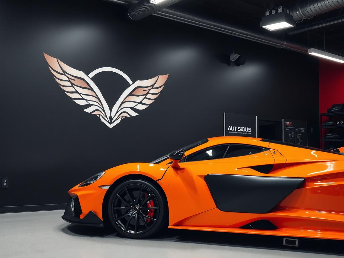 Auto shop logo mural behind an orange sports car