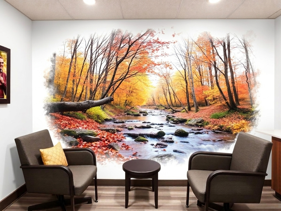 Autumn forest stream mural in a therapy waiting room